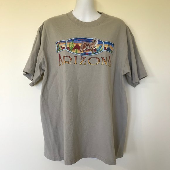 Arizona Beige T-Shirt Southwestern Desert Coyote Print Vintage Air Waves - Picture 2 of 6